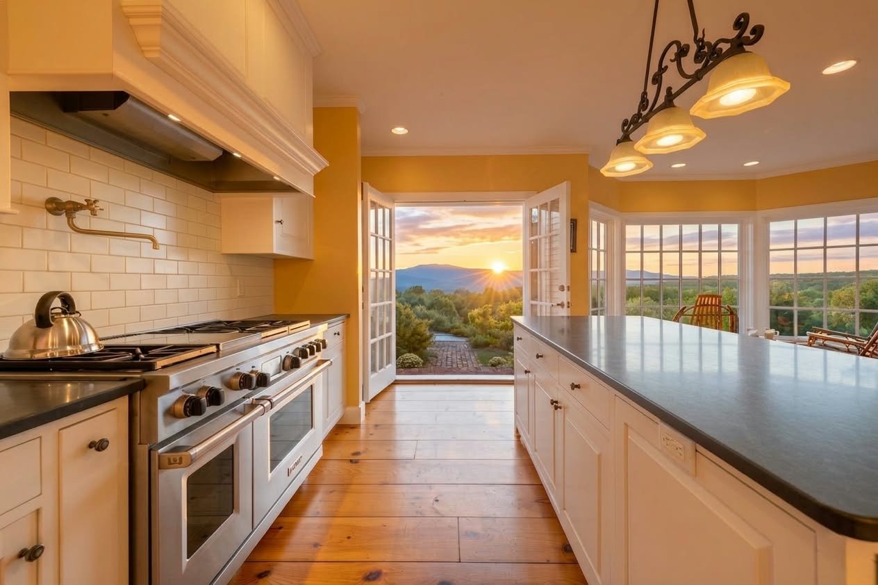 Kitchen with a dark island and open doors overlooking the mountains